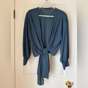 Final Touch Tie Front Blouse Blue Sheer Long Sleeve Size Small Made USA